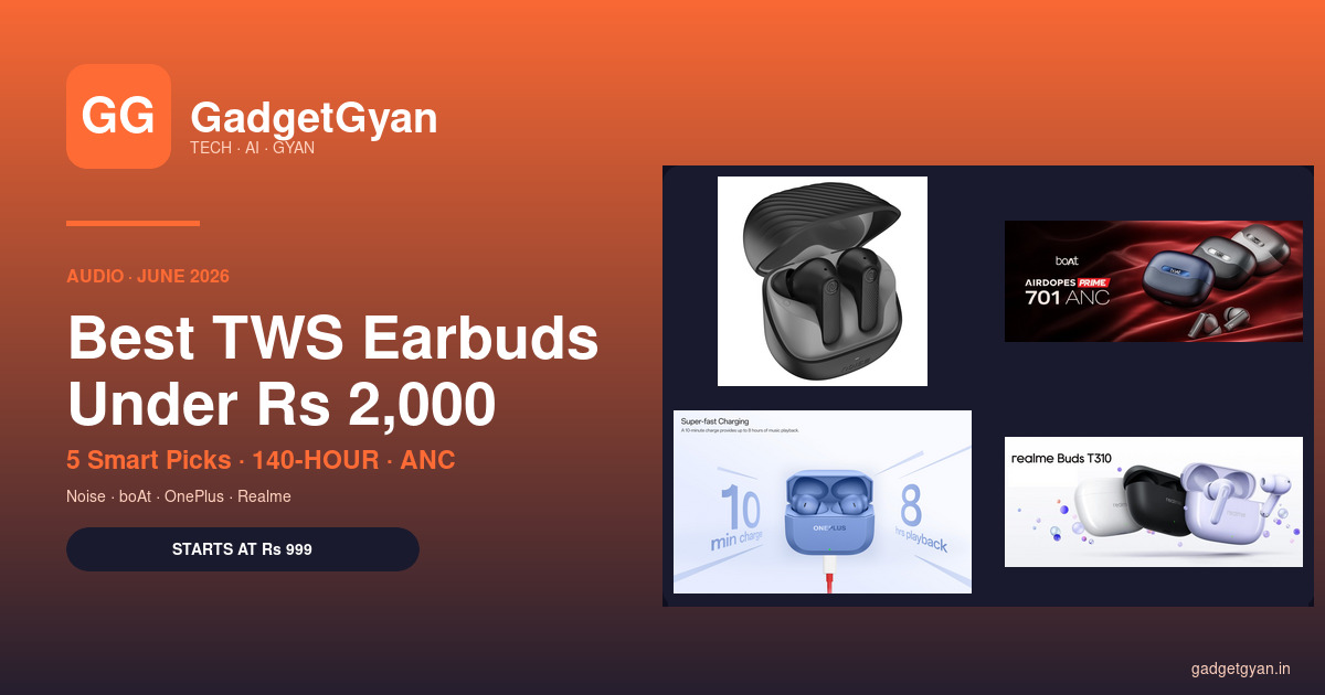 Best TWS Earbuds Under ₹2,000 in India June 2026 — Noise Buds X2, boAt Airdopes Prime 701 ANC, OnePlus Nord Buds 3R, Realme Buds T310 mosaic