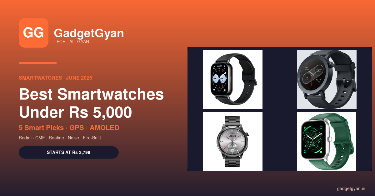Best Smartwatches Under ₹5,000 in India June 2026 — Redmi Watch 5 Lite, CMF Watch Pro 2, Realme Watch S2, NoiseFit Pro 4 Alpha mosaic