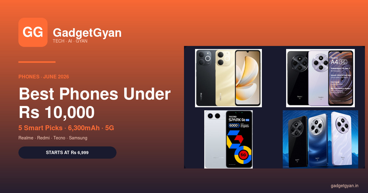 Best Phones Under ₹10,000 in India June 2026 — Realme Narzo 80 Lite, Redmi A4 5G, Tecno Spark Go 5G, Redmi 14C 5G mosaic