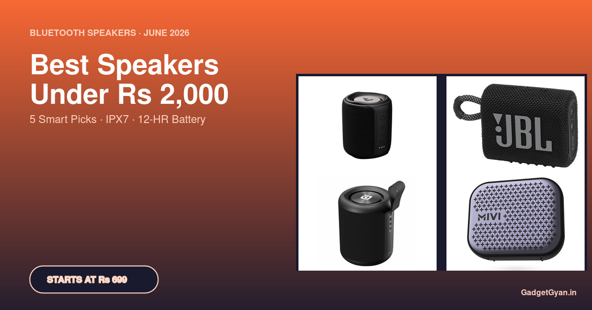 Best Bluetooth Speakers Under ₹2,000 in India June 2026 — boAt Stone 350, JBL Go 3, Portronics SoundDrum 1, Mivi Roam 2 mosaic