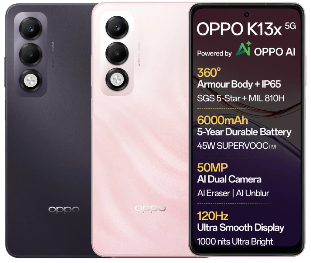 OPPO K13x 5G — best phones under 15000 toughest pick with 6000mAh + 45W SuperVOOC and IP65 military-grade durability