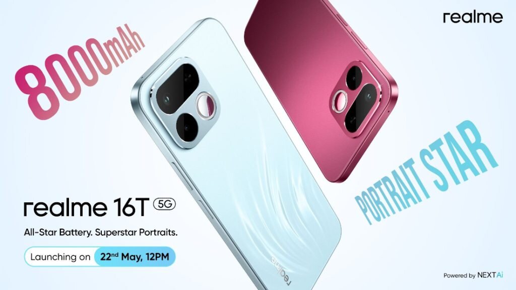 Realme 16T 5G India launch May 22 — 8000mAh battery portrait star Aurora Green Starlight Red Starlight Black